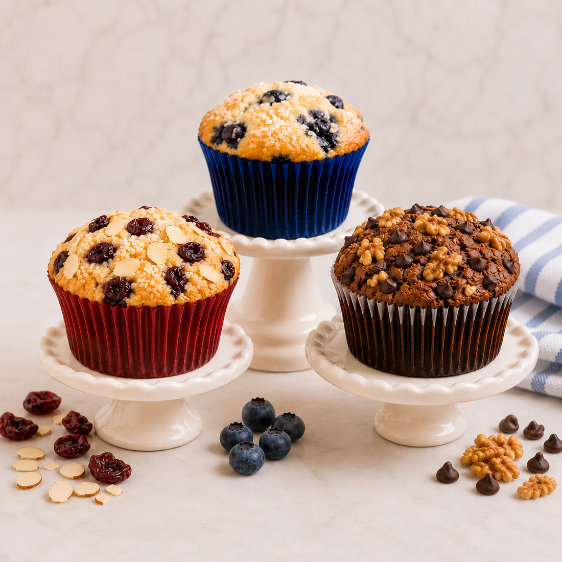 Homemade bakery-style muffins made from one basic muffin batter using LorAnn Bakery Emulsions, featuring blueberry, cherry almond, and coffee chocolate walnut flavors.