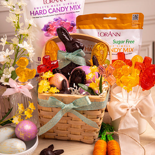 Easter Basket with Homemade Lollipops and Chocolate Bunnies