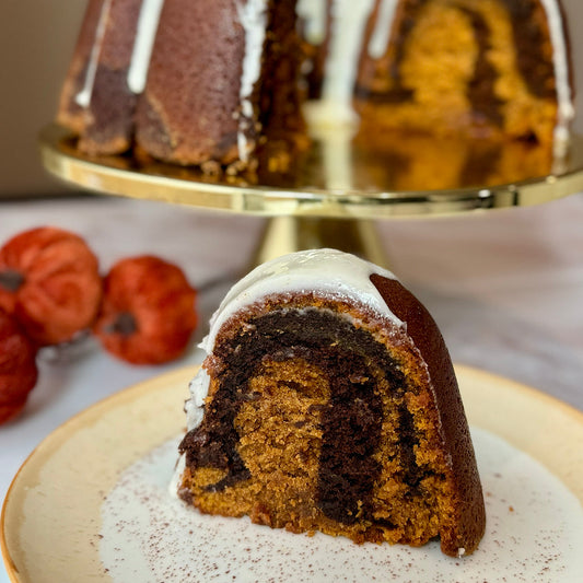 Pumpkin Marble Bundt Cake with Cinnamon Cream Cheese Icing 