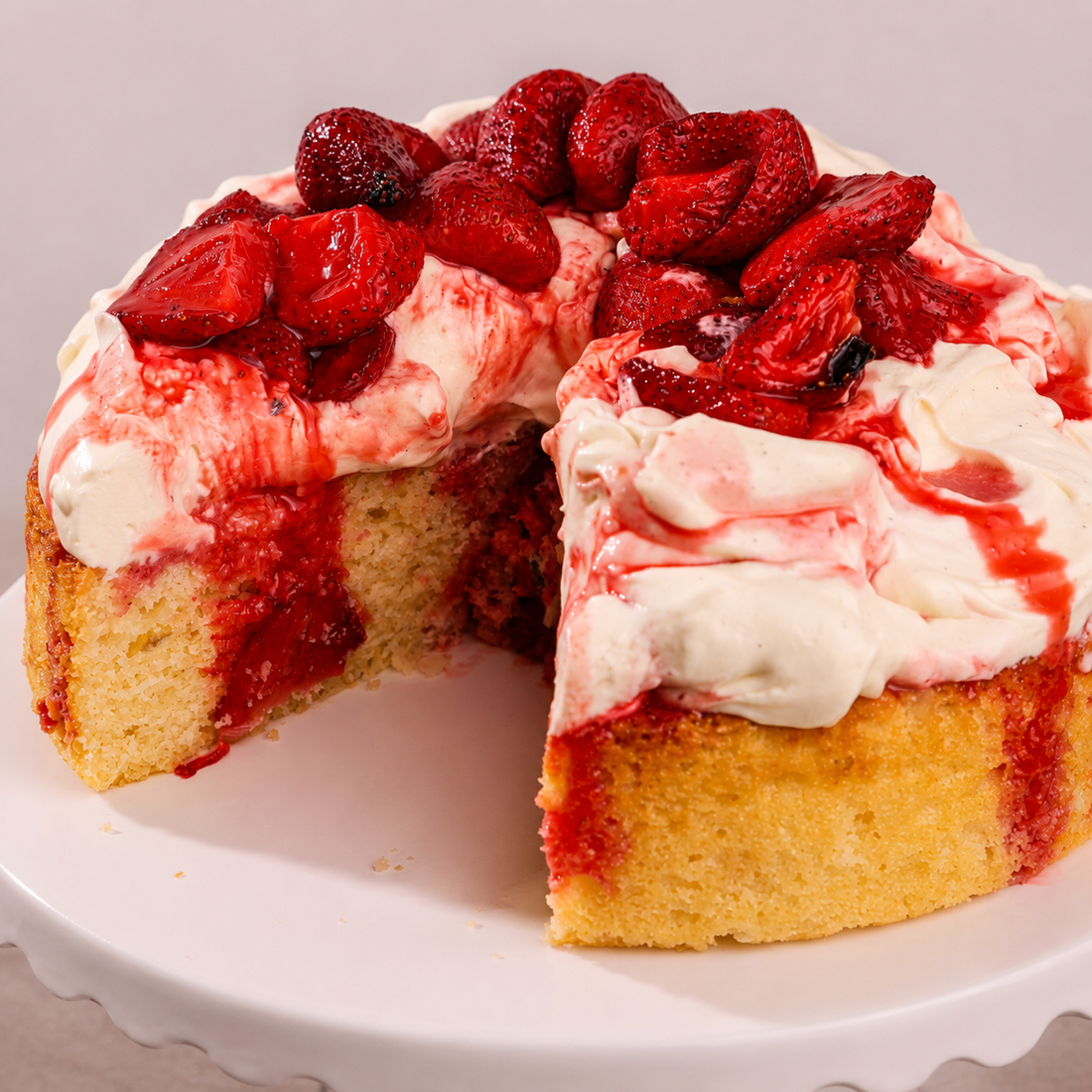 Roasted Strawberry Vanilla Bean Pudding Cake
